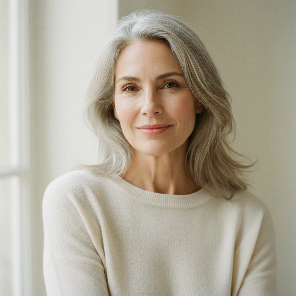 Femme élégante 50 ans peau radieuse lumière naturelle